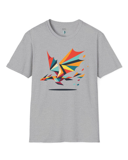 Geometry of Flight shirt in sport grey featuring a colorful low-poly dragon flying with fragmented shapes trailing behind.
