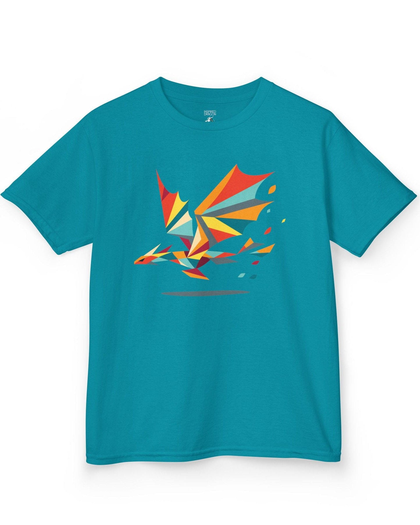 Geometry of Flight shirt in tropical blue featuring a colorful low-poly dragon flying with fragmented shapes trailing behind.