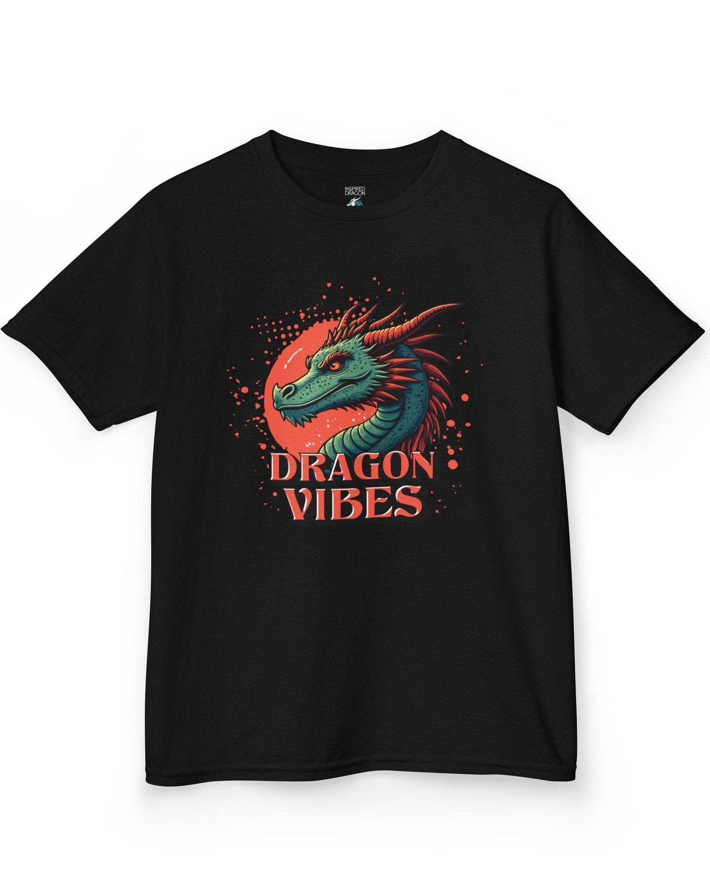Dragon Vibes shirt in black featuring a teal and red dragon head with fiery energy and a splatter background.