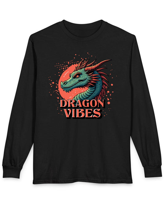 Dragon Vibes shirt in black featuring a teal and red dragon head with fiery energy and a splatter background