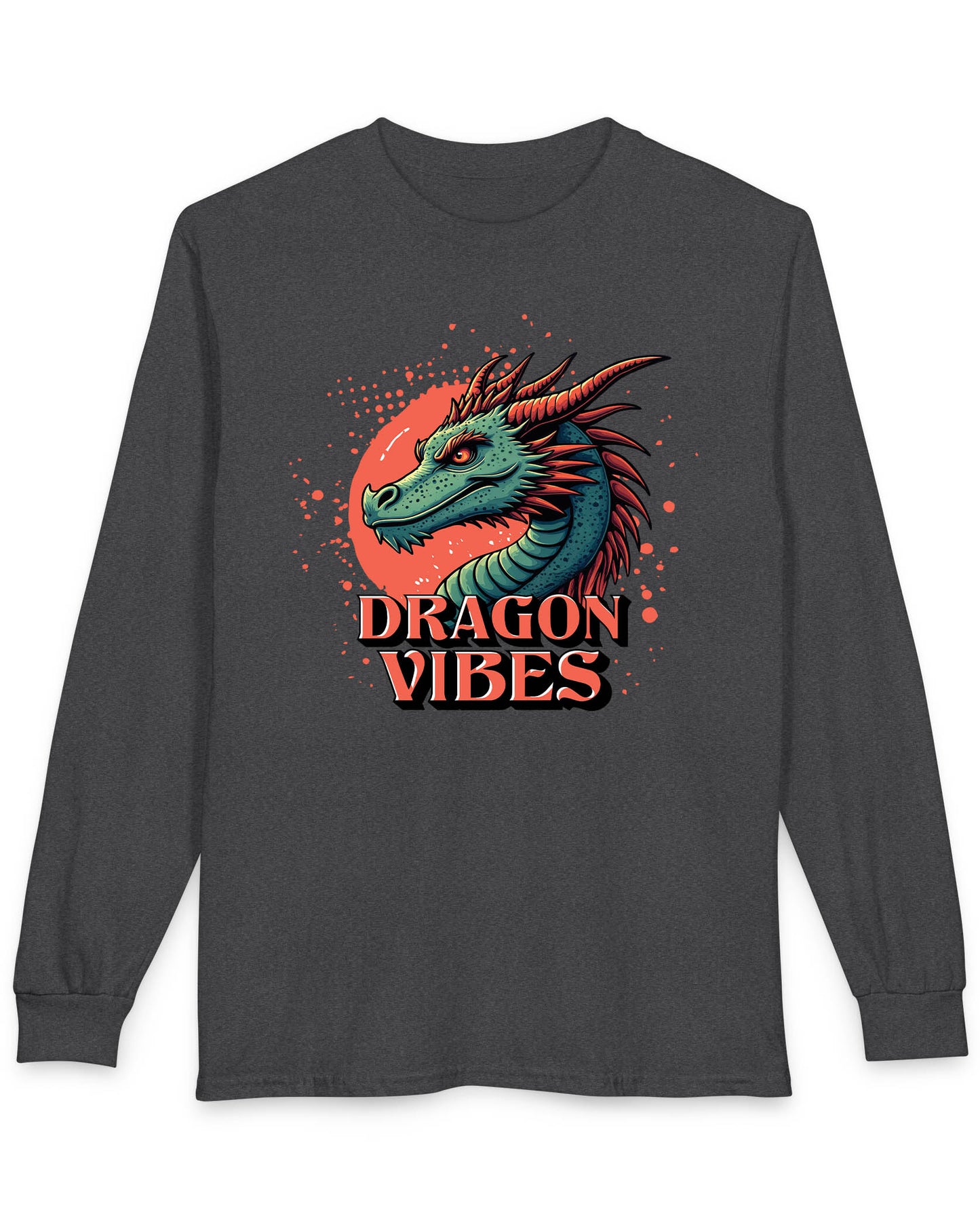Dragon Vibes shirt in dark heather featuring a teal and red dragon head with fiery energy and a splatter background