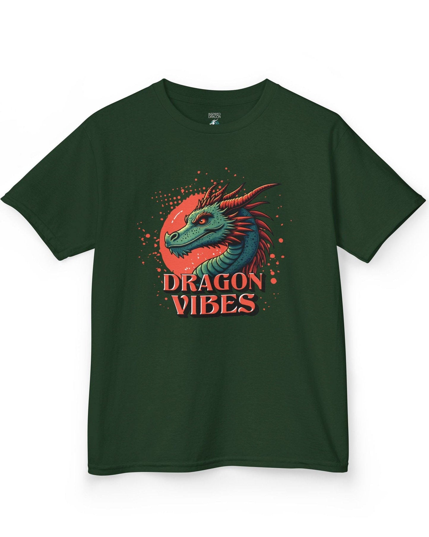 Dragon Vibes shirt in forest green featuring a teal and red dragon head with fiery energy and a splatter background.