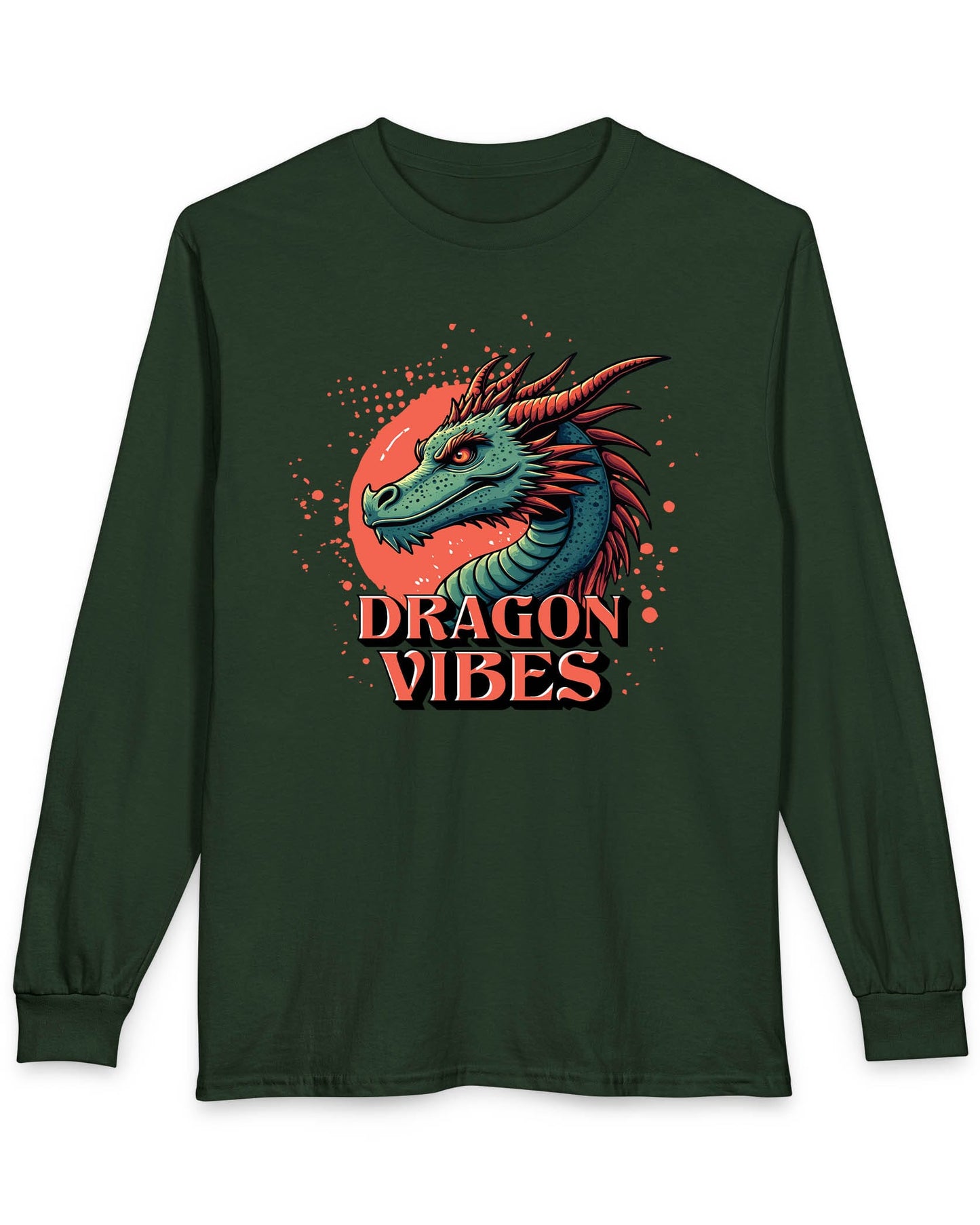 Dragon Vibes shirt in forest green featuring a teal and red dragon head with fiery energy and a splatter background