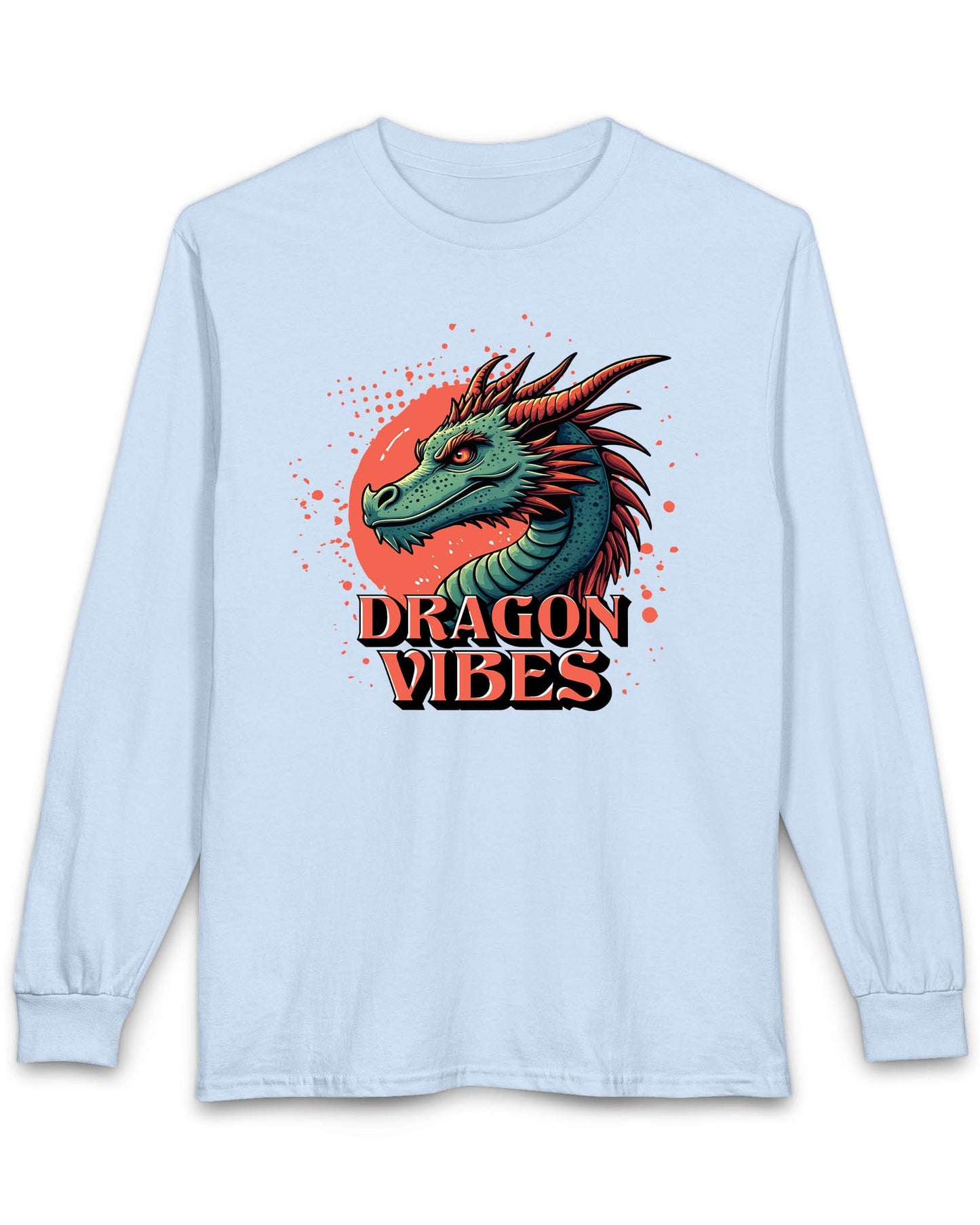 Dragon Vibes shirt in light blue featuring a teal and red dragon head with fiery energy and a splatter background