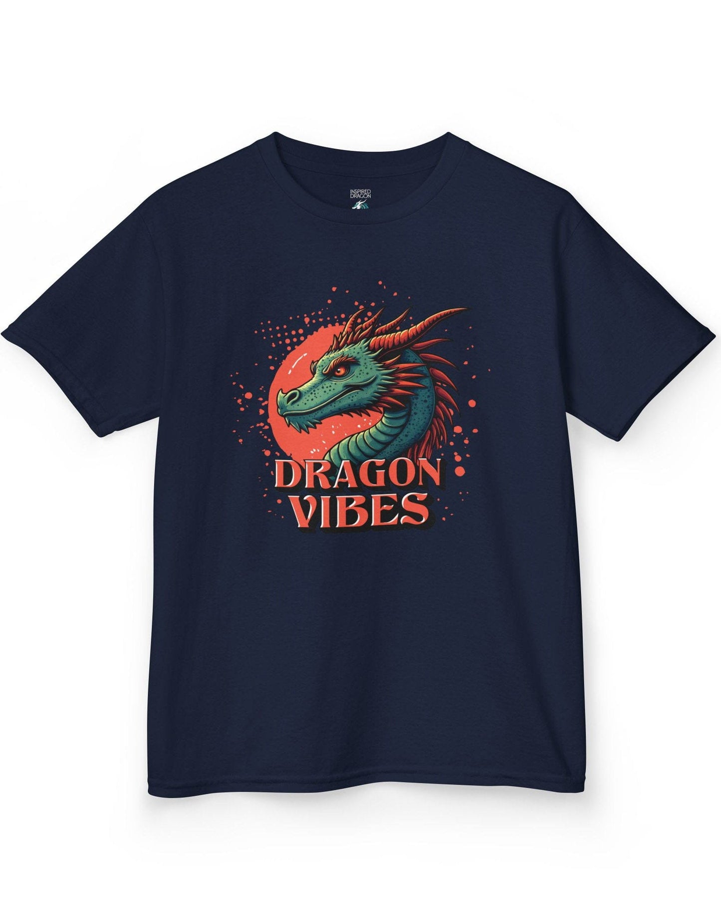 Dragon Vibes shirt in navy featuring a teal and red dragon head with fiery energy and a splatter background.