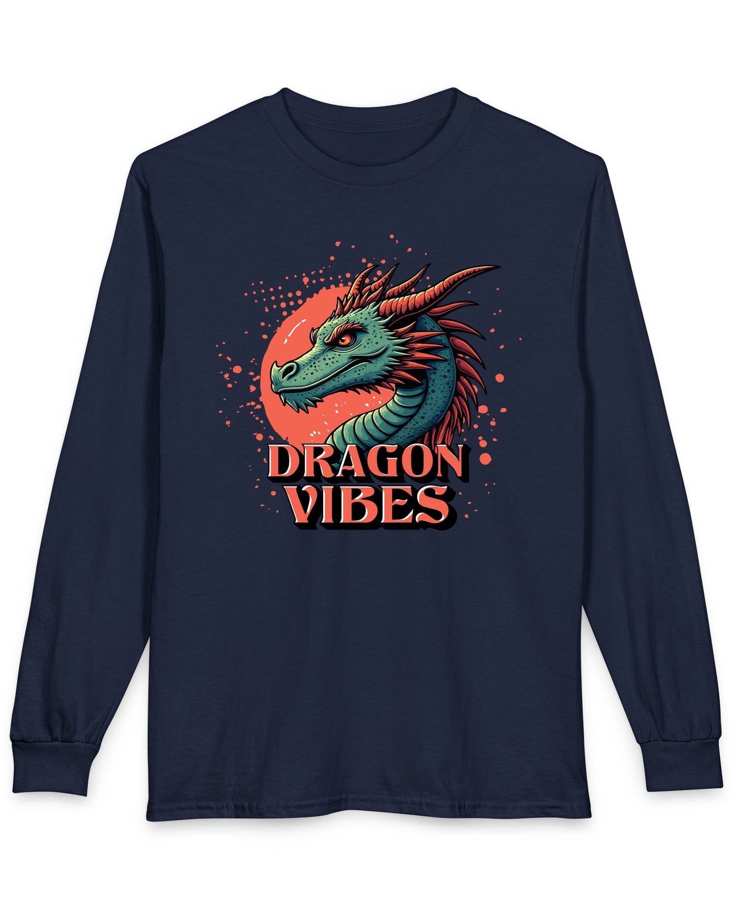 Dragon Vibes shirt in navy featuring a teal and red dragon head with fiery energy and a splatter background