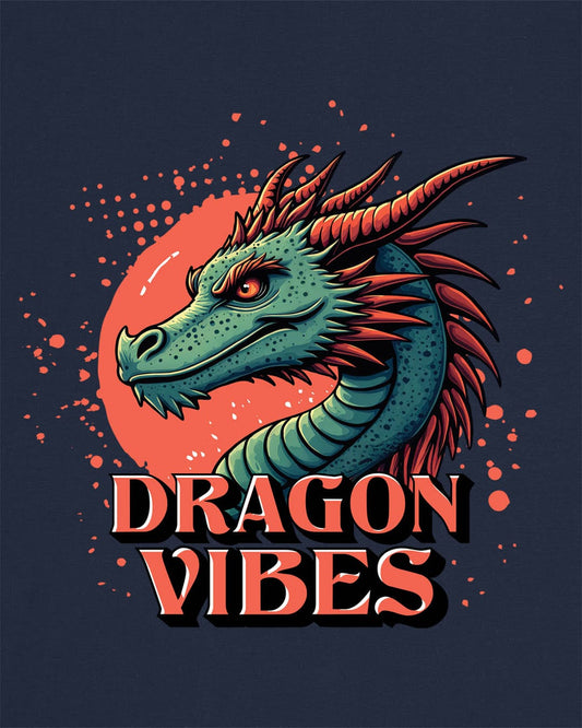 Dragon Vibes shirt in navy featuring a teal and red dragon head with fiery energy and a splatter background.