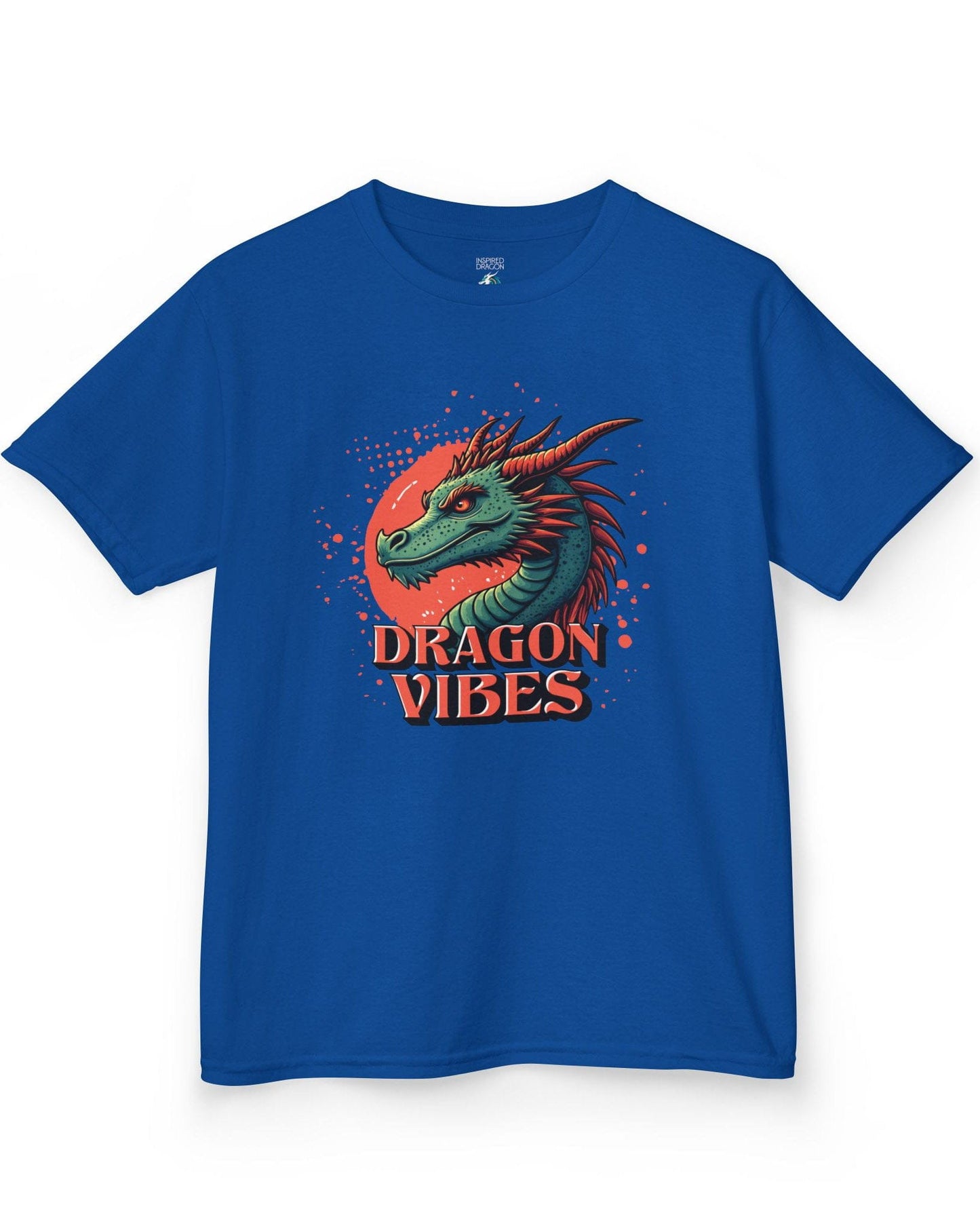 Dragon Vibes shirt in royal blue featuring a teal and red dragon head with fiery energy and a splatter background.