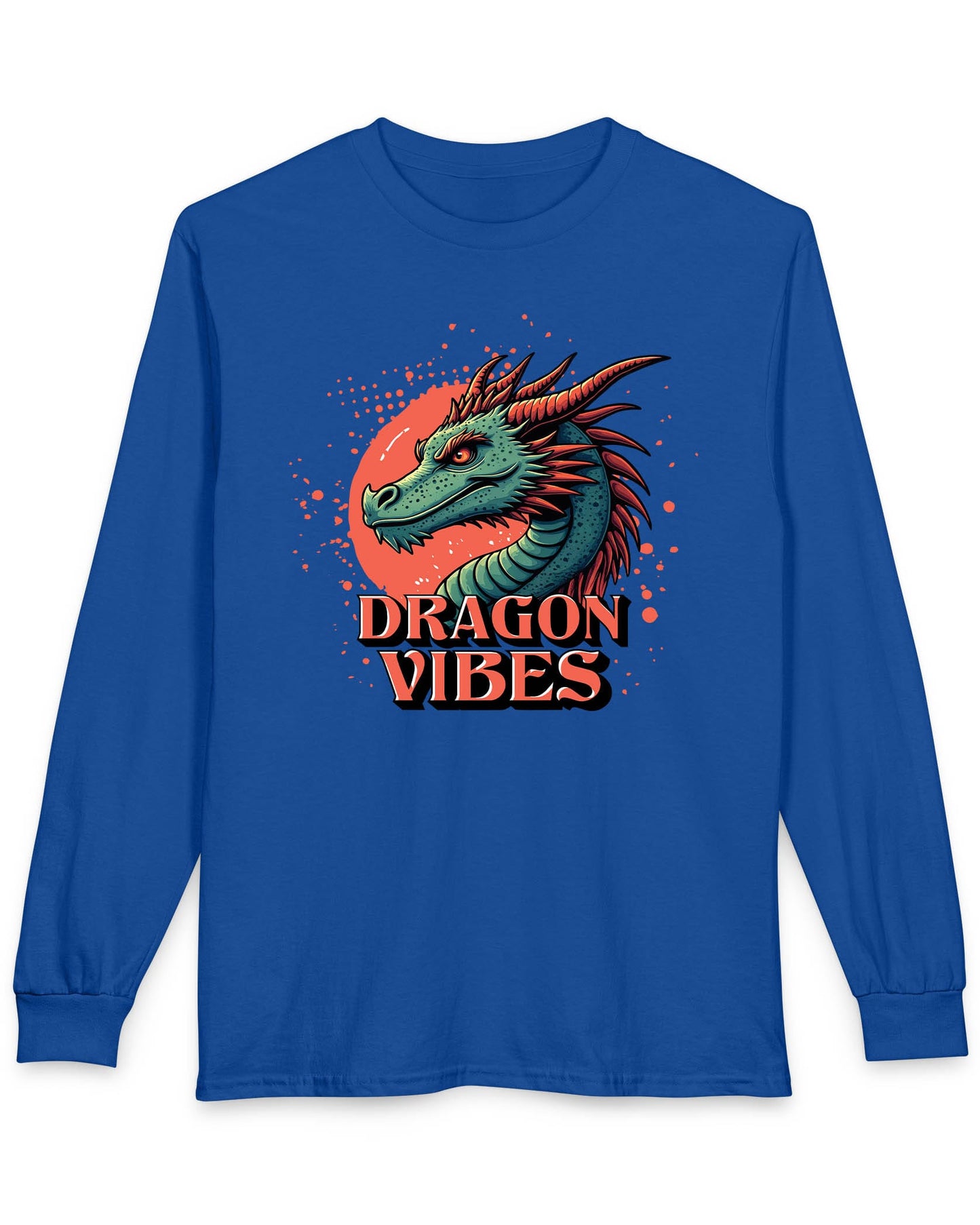 Dragon Vibes shirt in royal blue featuring a teal and red dragon head with fiery energy and a splatter background