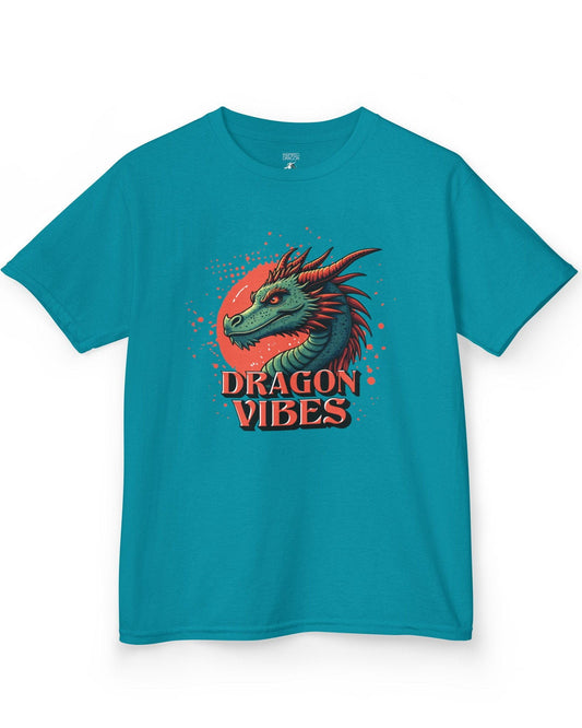 Dragon Vibes shirt in tropical blue featuring a teal and red dragon head with fiery energy and a splatter background.