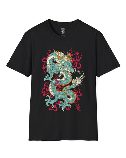 Wrath of the Immortal shirt in black featuring a fierce Eastern dragon with flowing mane and red smoke accents.
