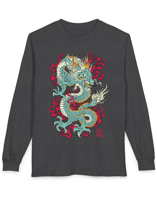 Wrath of the Immortal shirt in dark heather featuring a fierce Eastern dragon with flowing mane and red smoke accents