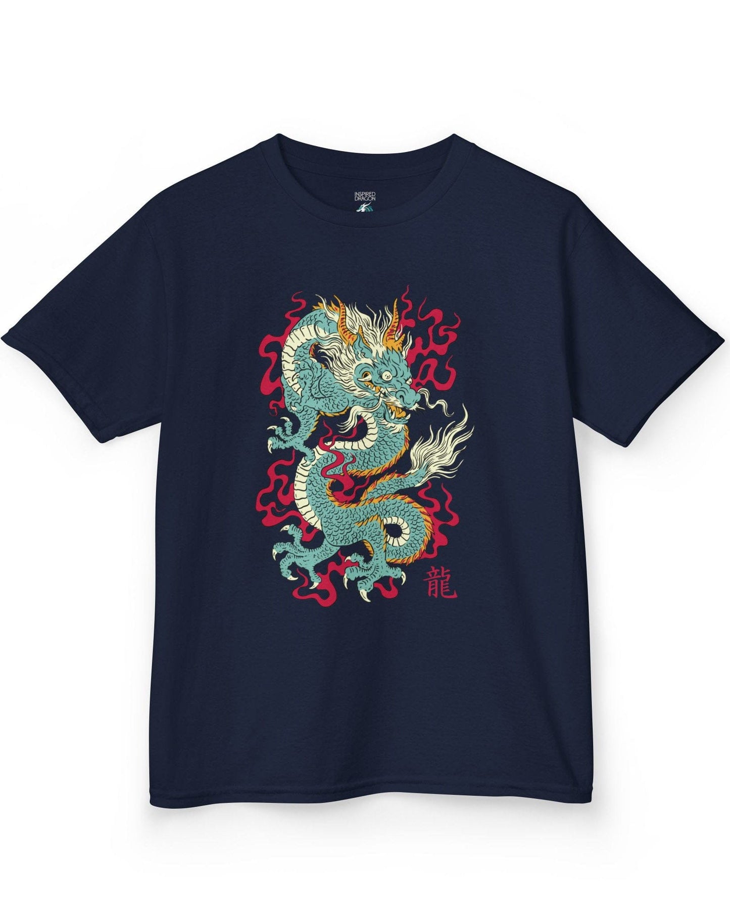 Wrath of the Immortal shirt in navy featuring a fierce Eastern dragon with flowing mane and red smoke accents.