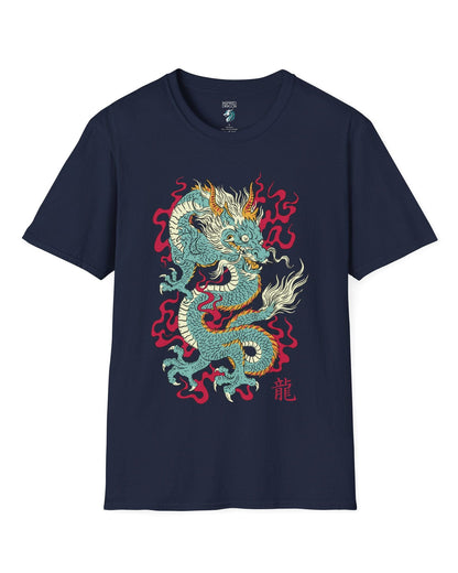 Wrath of the Immortal shirt in navy featuring a fierce Eastern dragon with flowing mane and red smoke accents.
