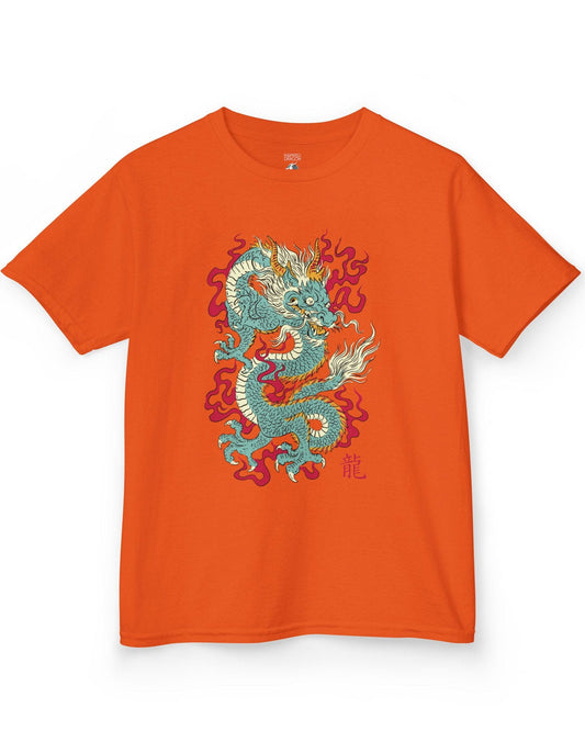 Wrath of the Immortal shirt in orange featuring a fierce Eastern dragon with flowing mane and red smoke accents.