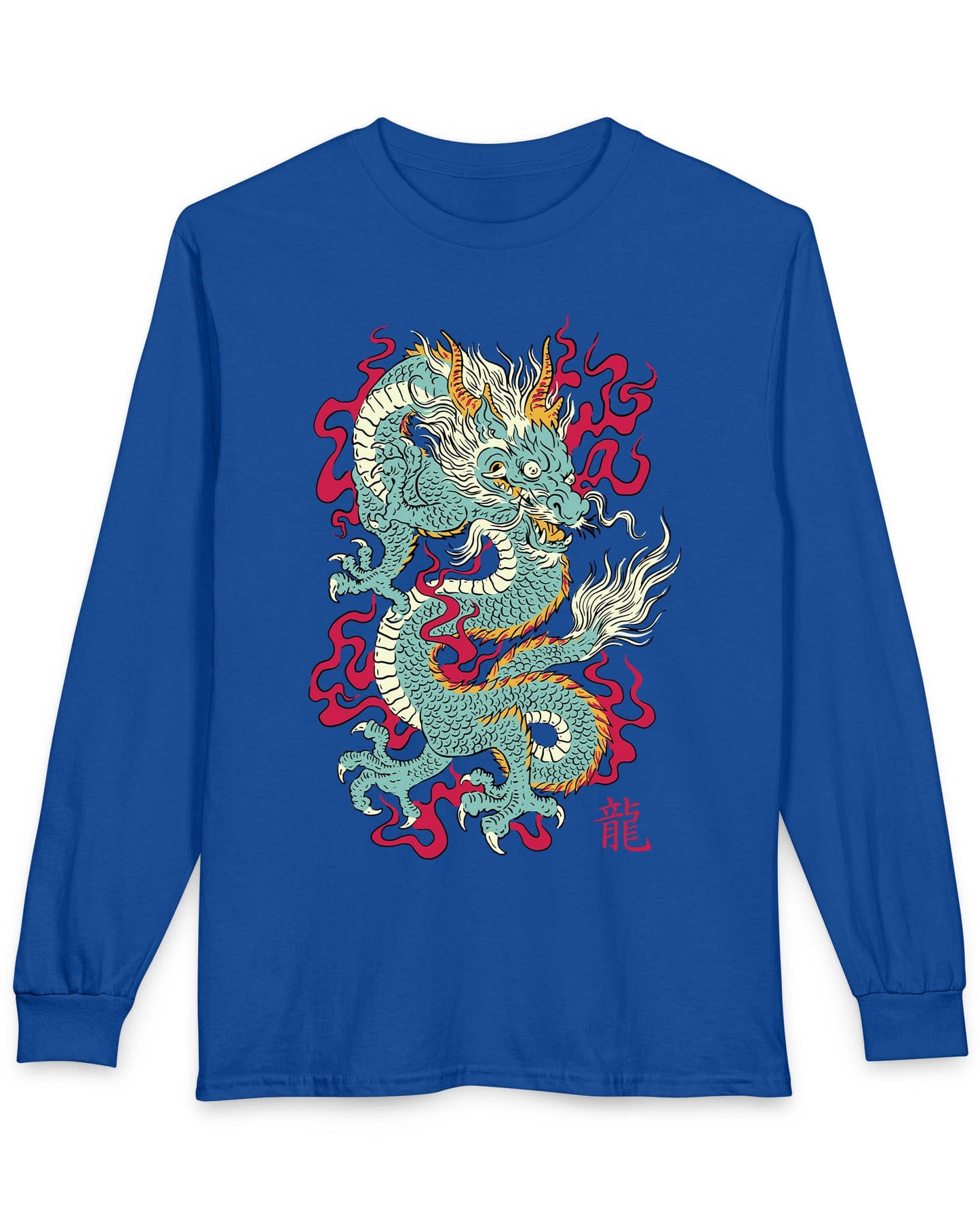 Wrath of the Immortal shirt in royal blue featuring a fierce Eastern dragon with flowing mane and red smoke accents