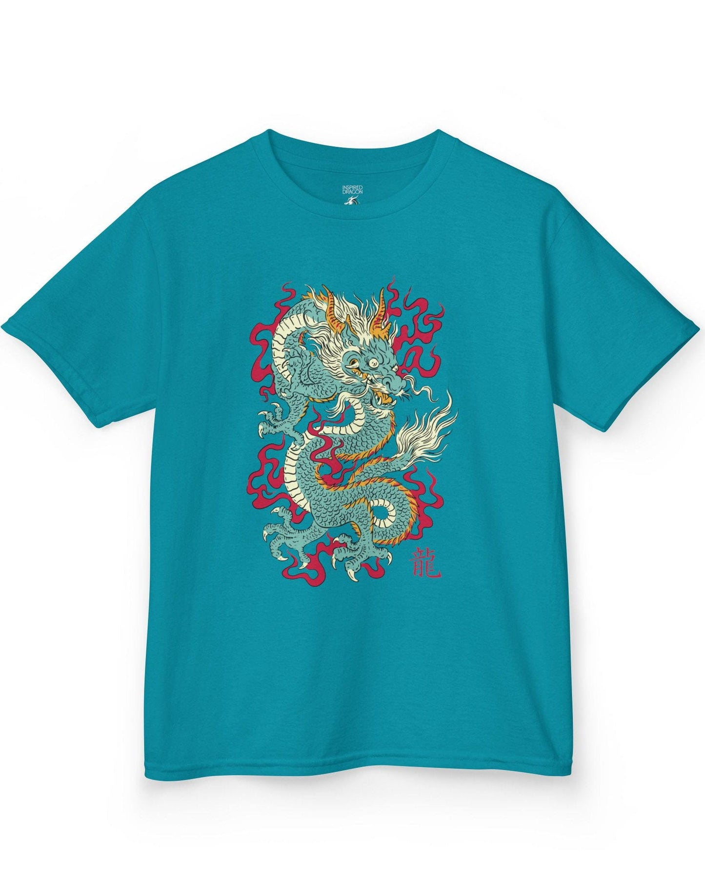 Wrath of the Immortal shirt in tropical blue featuring a fierce Eastern dragon with flowing mane and red smoke accents.