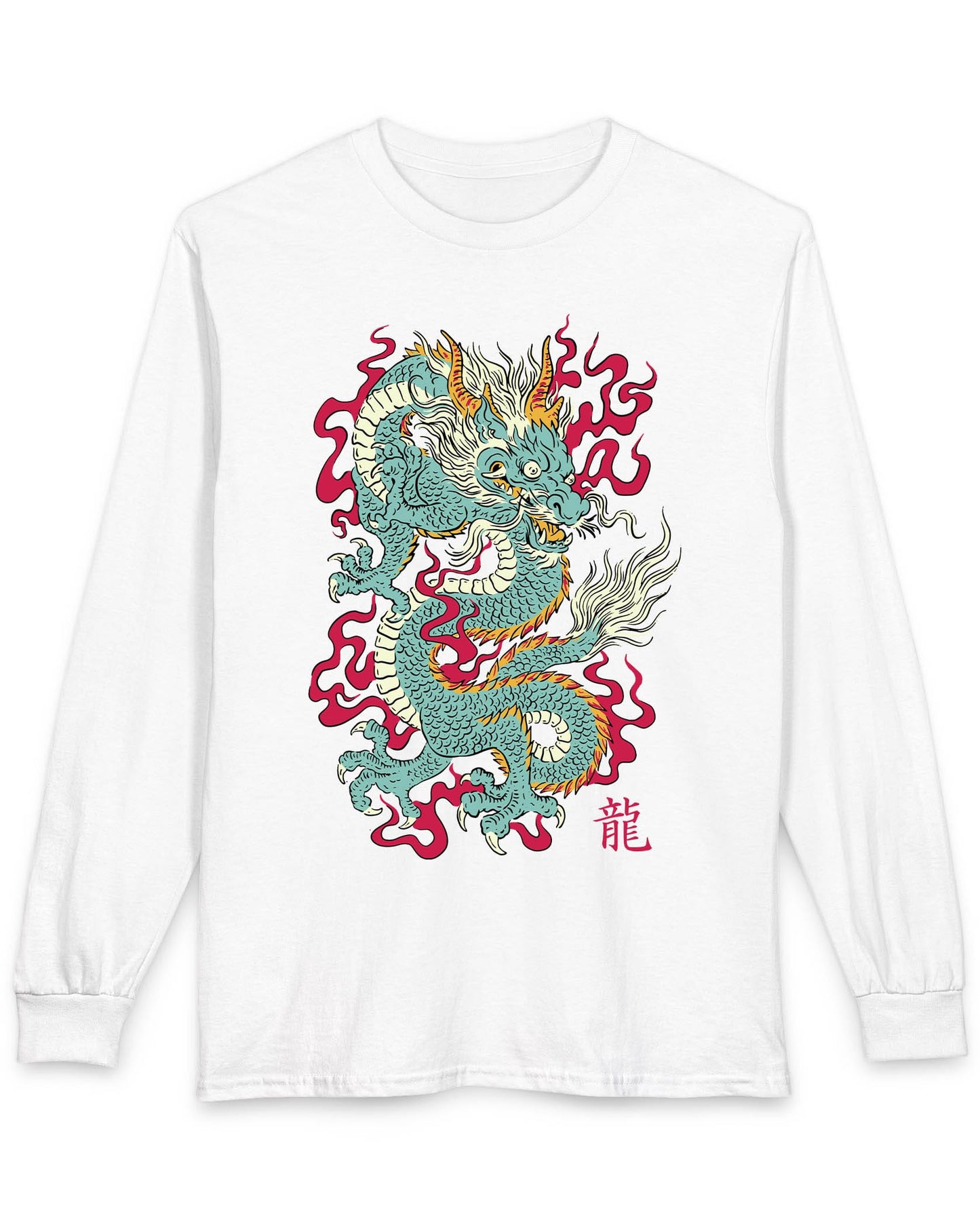 Wrath of the Immortal shirt in white featuring a fierce Eastern dragon with flowing mane and red smoke accents
