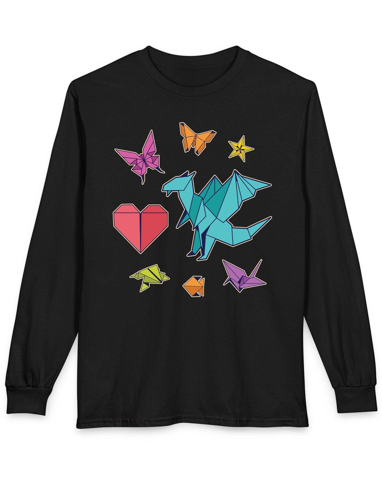 Between the Folds shirt in black featuring colorful origami animals, a heart, and a dragon