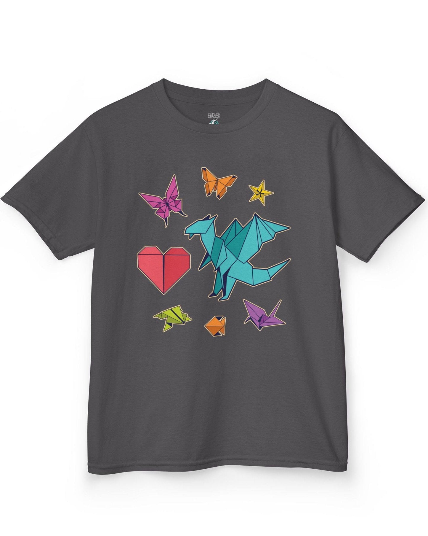 Between the Folds shirt in charcoal, featuring colorful origami animals, a heart, and a dragon.