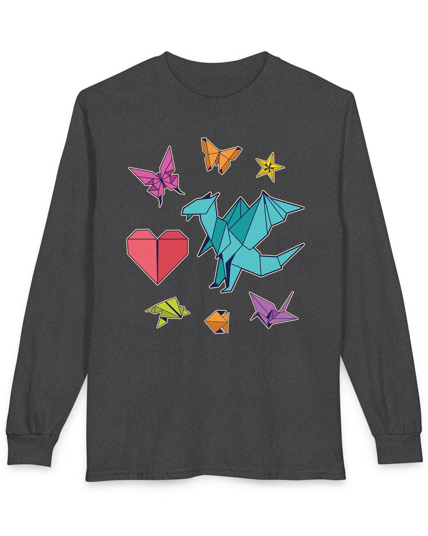 Between the Folds shirt in dark heather featuring colorful origami animals, a heart, and a dragon