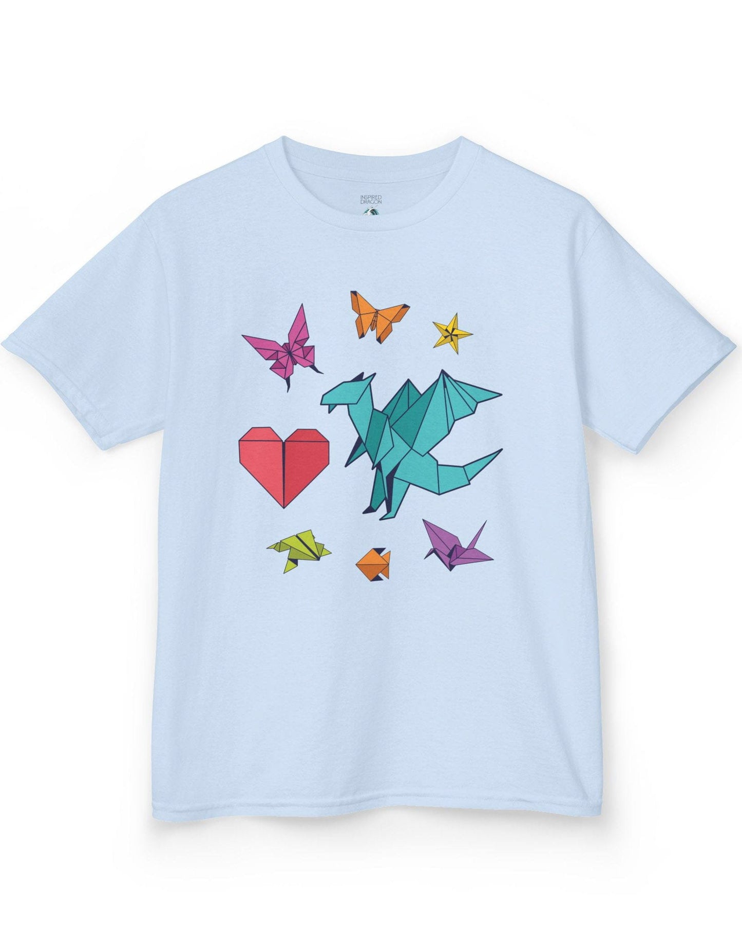 Between the Folds shirt in light blue, featuring colorful origami animals, a heart, and a dragon.