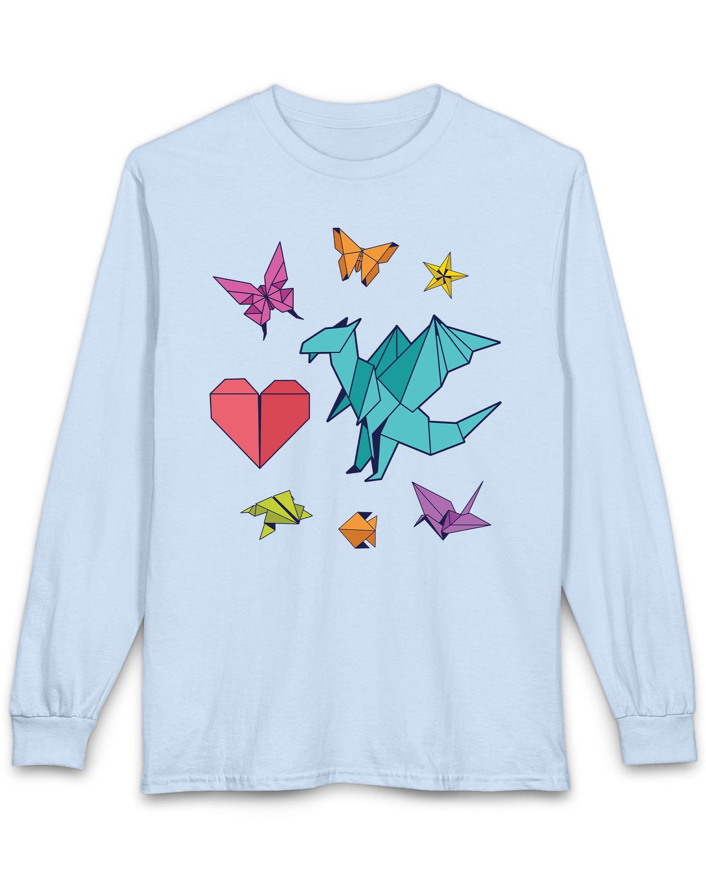 Between the Folds shirt in light blue featuring colorful origami animals, a heart, and a dragon