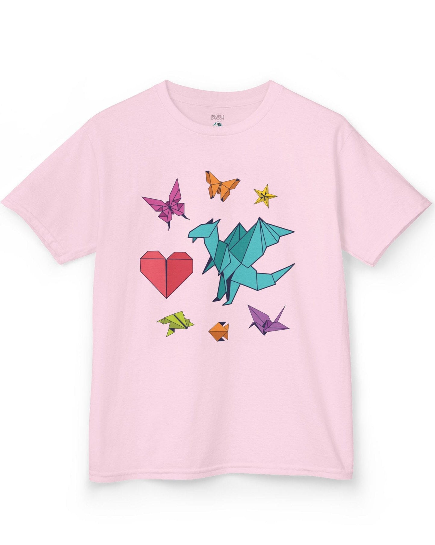 Between the Folds shirt in light pink, featuring colorful origami animals, a heart, and a dragon.