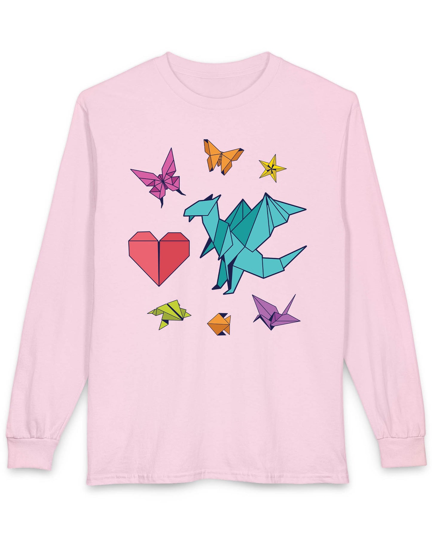Between the Folds shirt in light pink featuring colorful origami animals, a heart, and a dragon