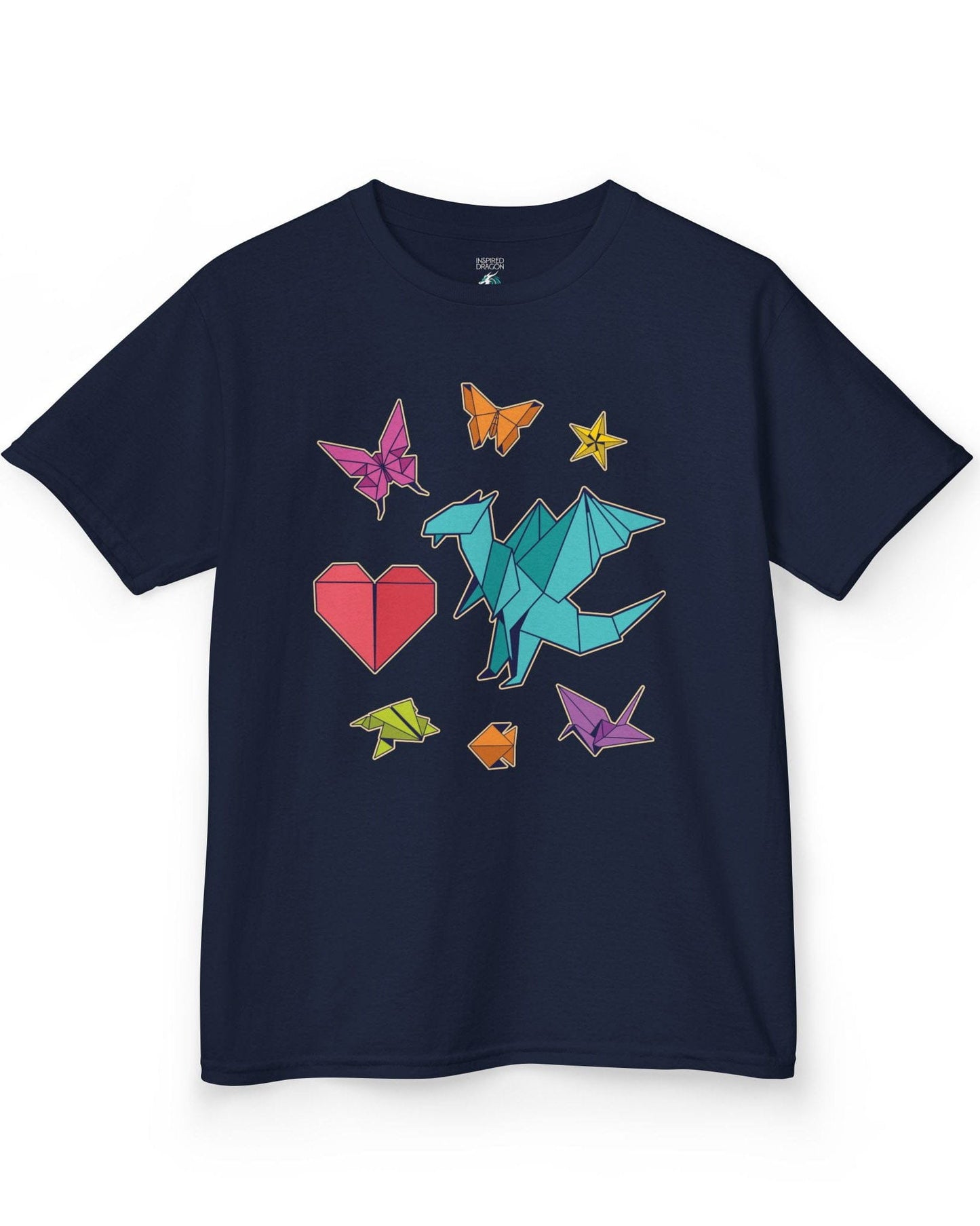 Between the Folds shirt in navy, featuring colorful origami animals, a heart, and a dragon.
