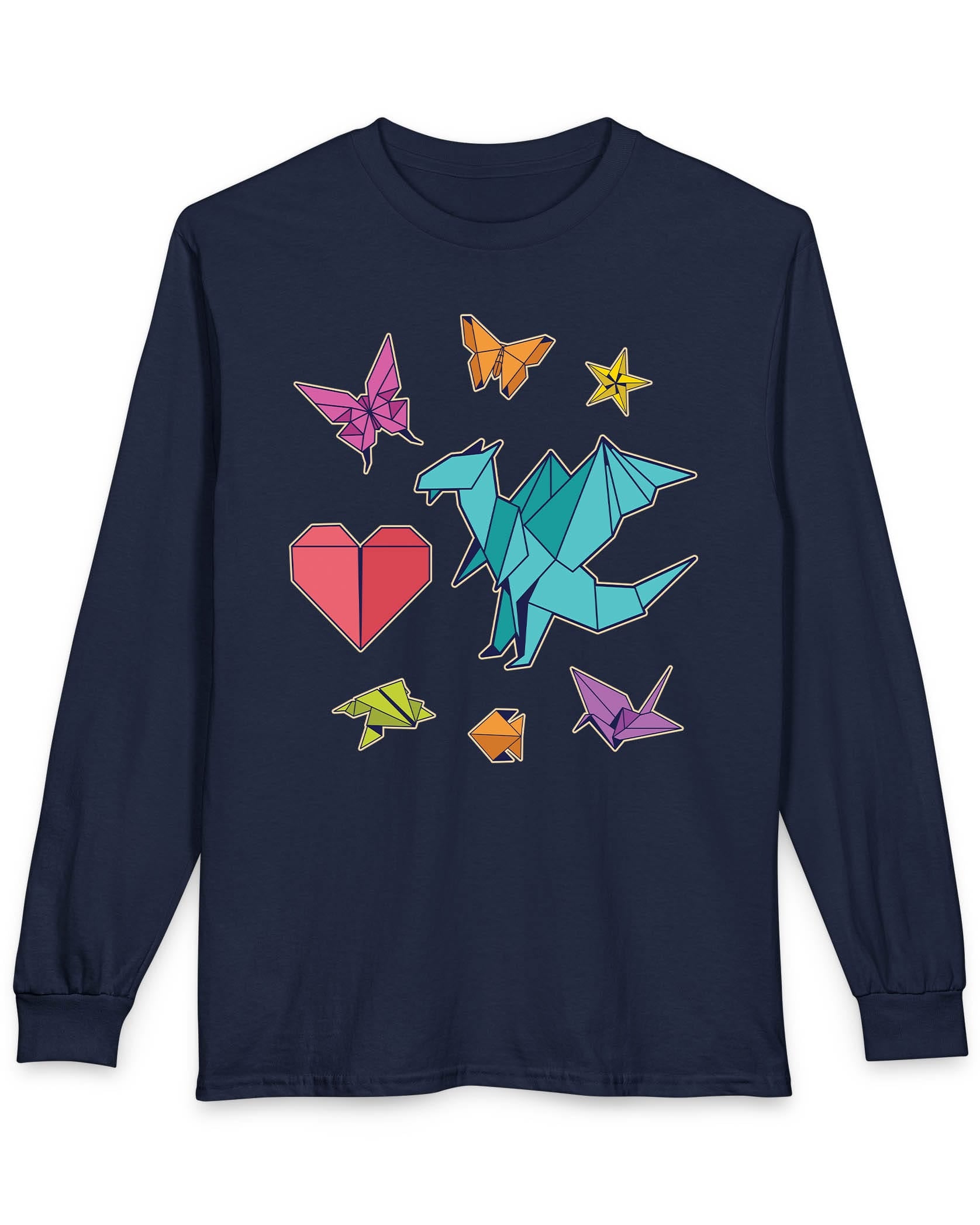 Between the Folds shirt in navy featuring colorful origami animals, a heart, and a dragon