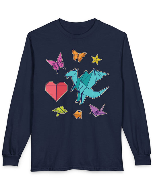Between the Folds shirt in navy featuring colorful origami animals, a heart, and a dragon