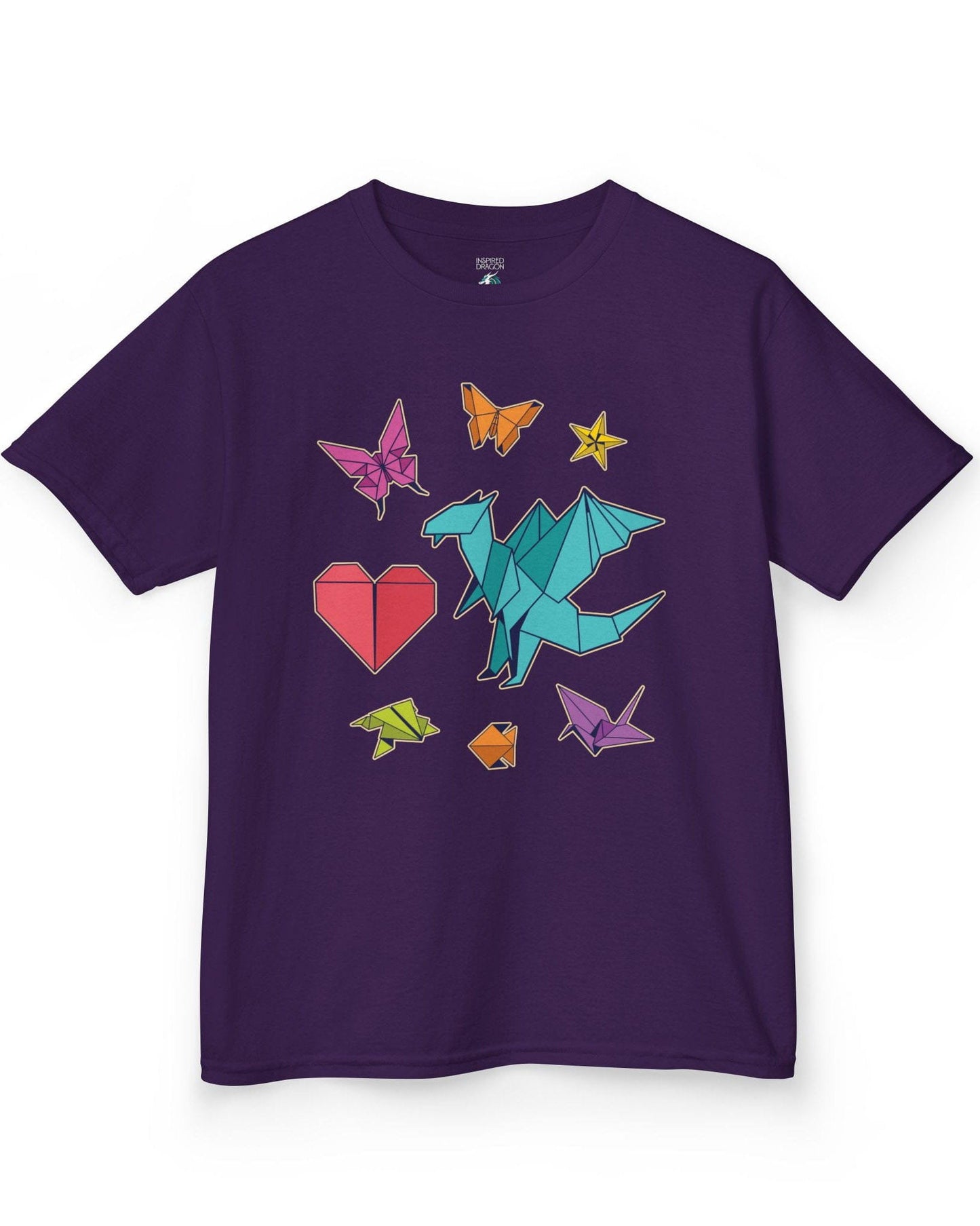Between the Folds shirt in purple, featuring colorful origami animals, a heart, and a dragon.