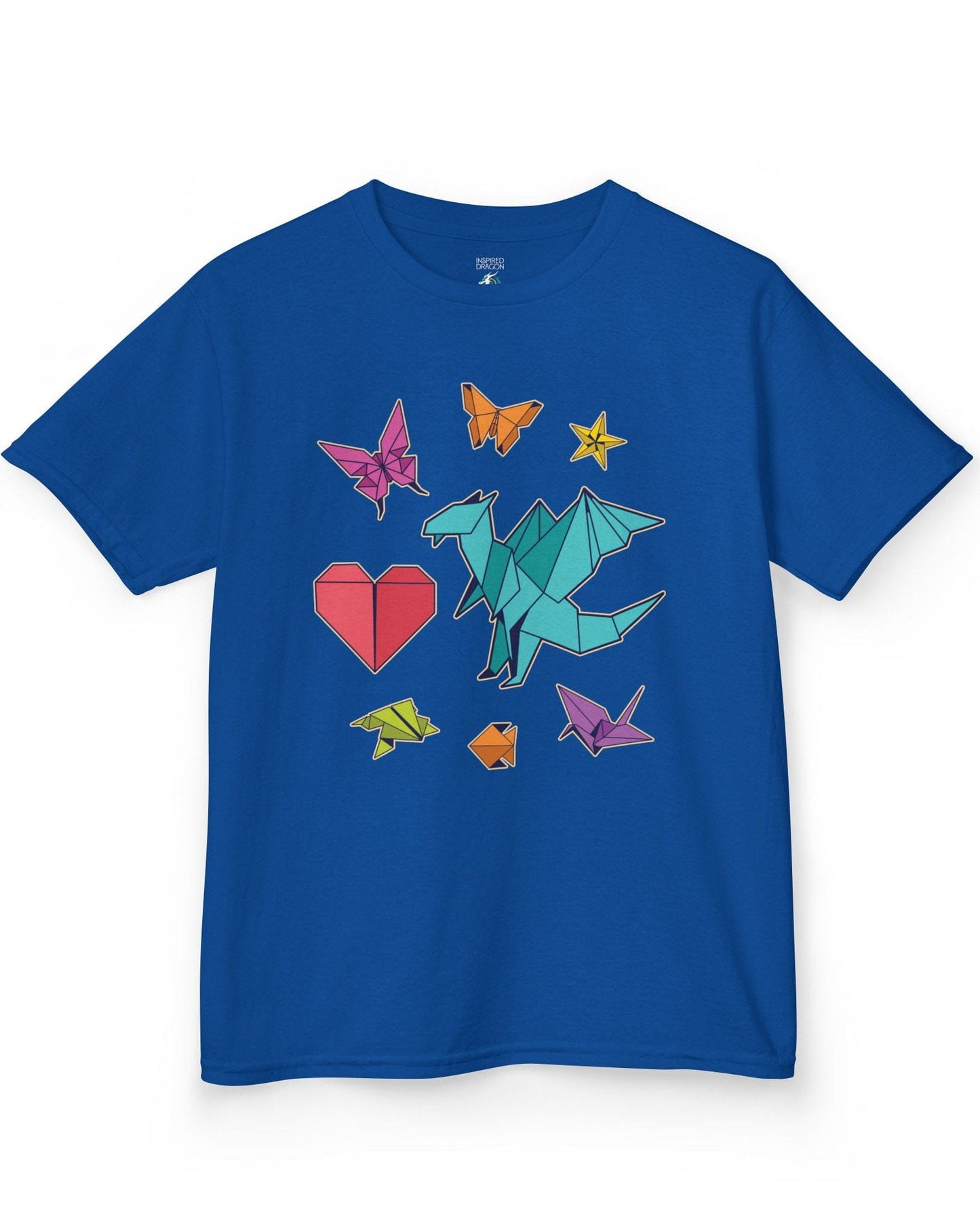 Between the Folds shirt in royal blue, featuring colorful origami animals, a heart, and a dragon.