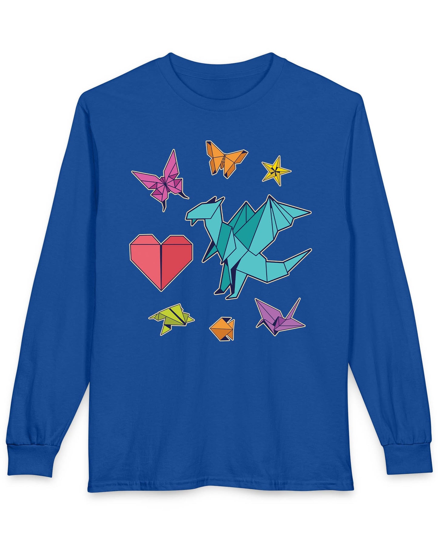 Between the Folds shirt in royal blue featuring colorful origami animals, a heart, and a dragon