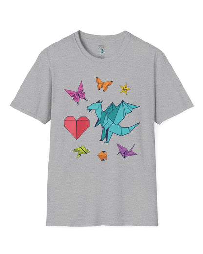 Between the Folds shirt in sport grey, featuring colorful origami animals, a heart, and a dragon.
