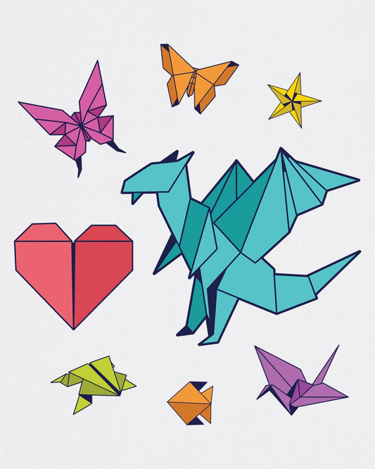 Between the Folds shirt in white, featuring colorful origami animals, a heart, and a dragon.