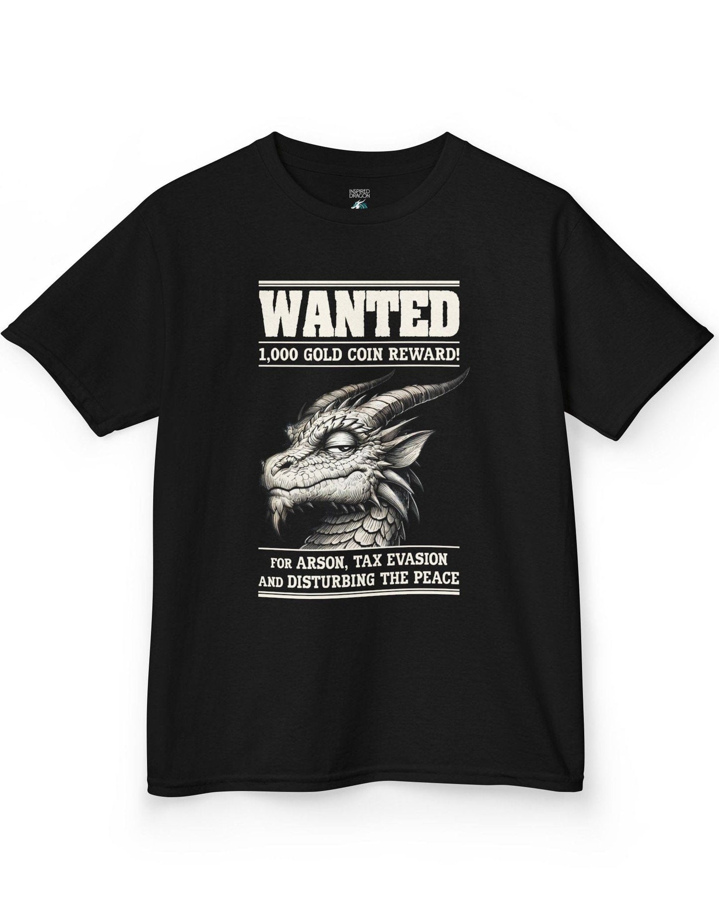 Wanted Dragon shirt in black, featuring a sketch-style dragon and humorous bounty notice.