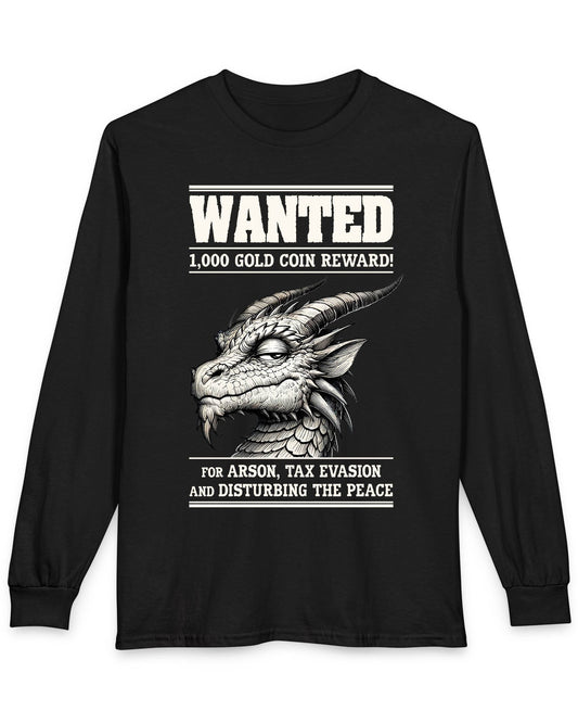 Wanted Dragon shirt in black featuring a sketch-style dragon and humorous bounty notice