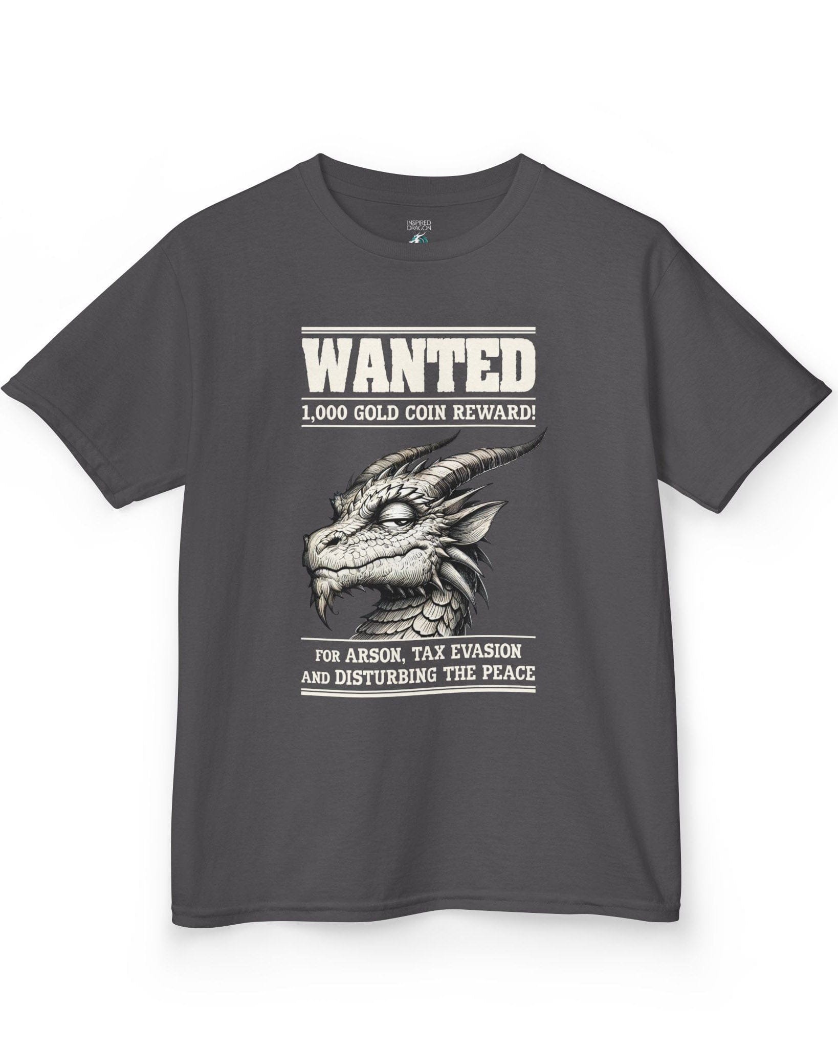 Wanted Dragon shirt in charcoal, featuring a sketch-style dragon and humorous bounty notice.