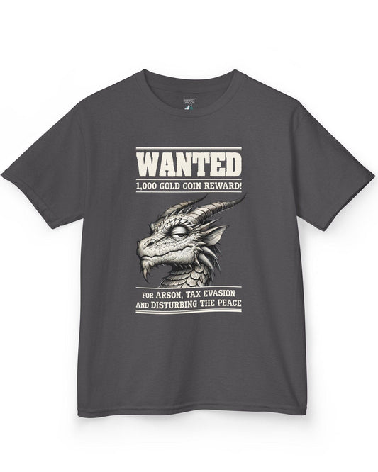 Wanted Dragon shirt in charcoal, featuring a sketch-style dragon and humorous bounty notice.
