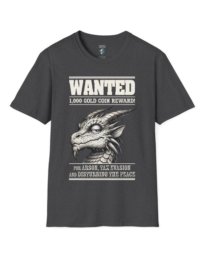 Wanted Dragon shirt in dark heather grey, featuring a sketch-style dragon and humorous bounty notice.
