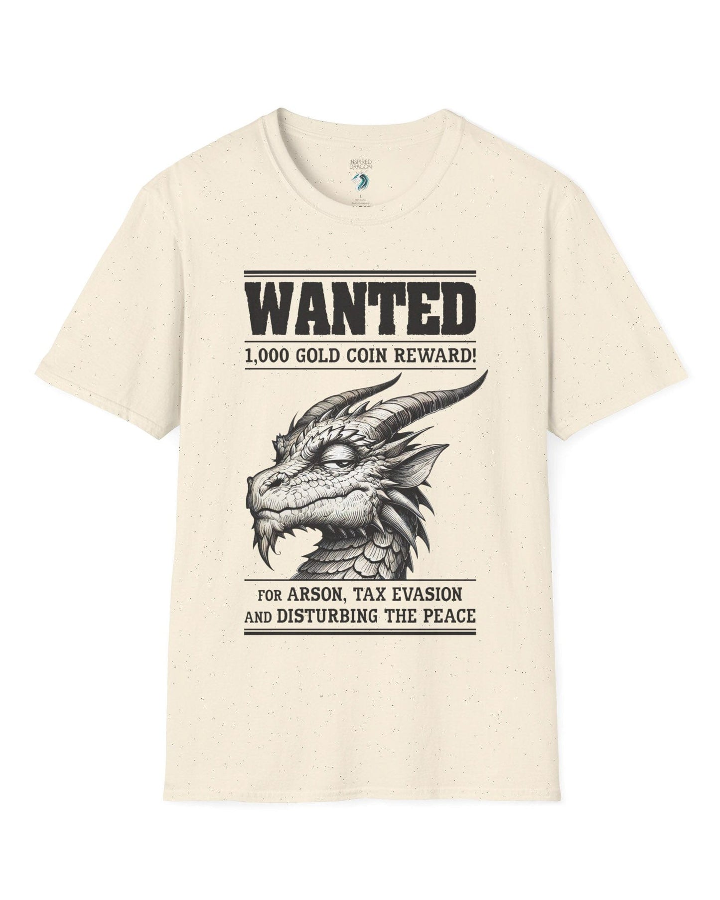 Wanted Dragon shirt in natural, featuring a sketch-style dragon and humorous bounty notice.