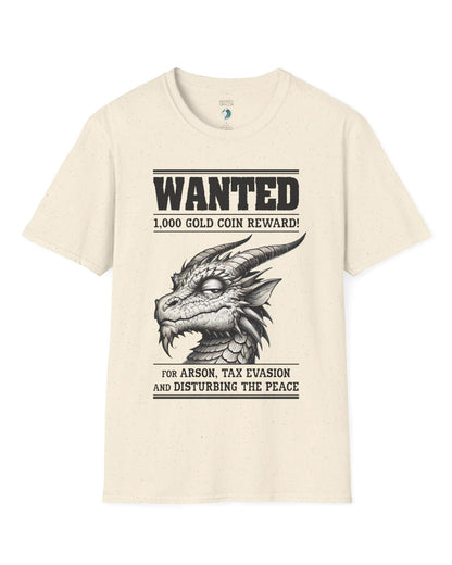 Wanted Dragon shirt in natural, featuring a sketch-style dragon and humorous bounty notice.
