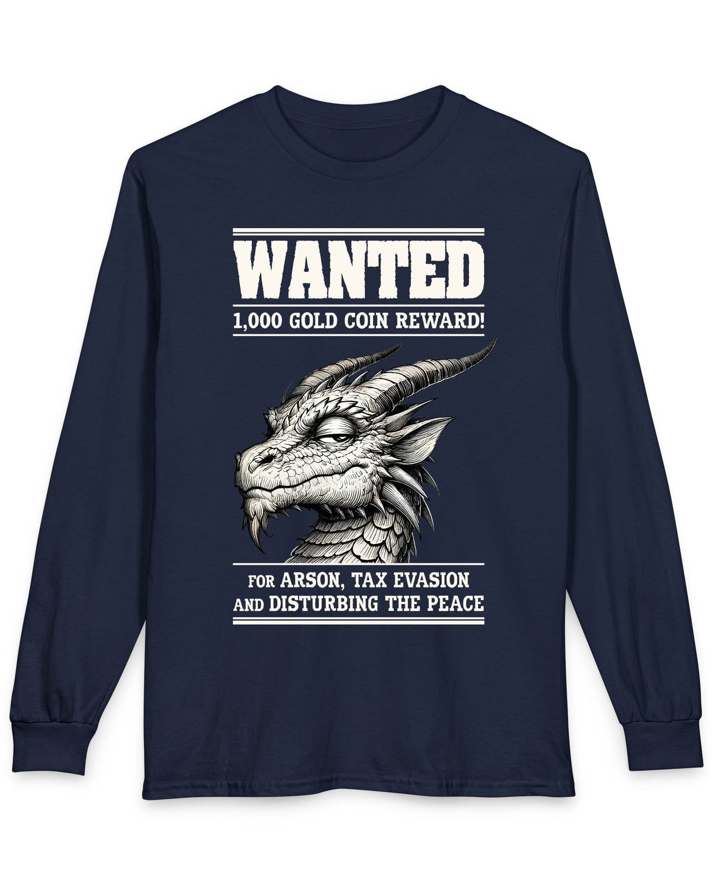 Wanted Dragon shirt in navy featuring a sketch-style dragon and humorous bounty notice
