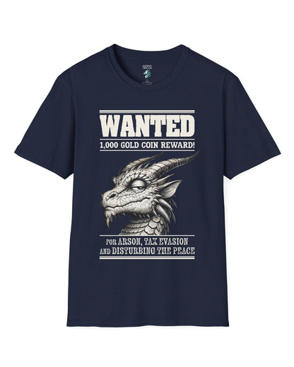 Wanted Dragon shirt in navy, featuring a sketch-style dragon and humorous bounty notice.
