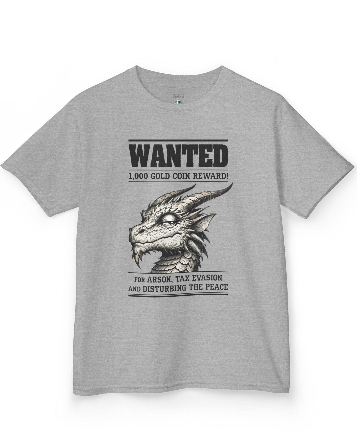 Wanted Dragon shirt in sport grey, featuring a sketch-style dragon and humorous bounty notice.