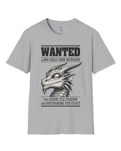 Wanted Dragon shirt in sport grey, featuring a sketch-style dragon and humorous bounty notice.
