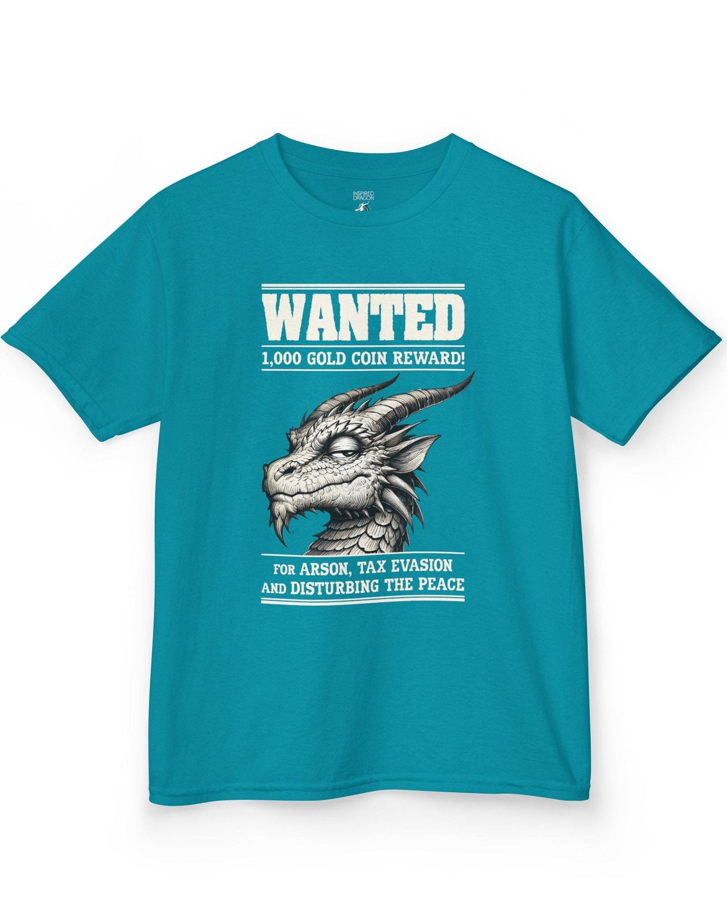 Wanted Dragon shirt in tropical blue, featuring a sketch-style dragon and humorous bounty notice.