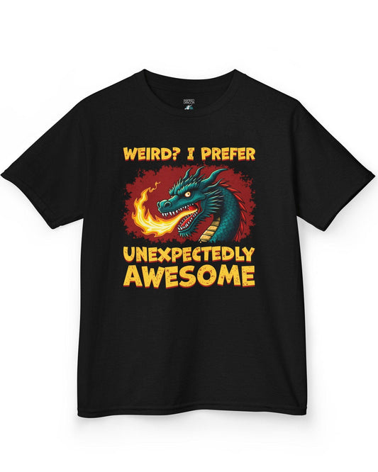 Unexpectedly Awesome Dragon shirt in black featuring a fire-breathing dragon with bold red and yellow text.